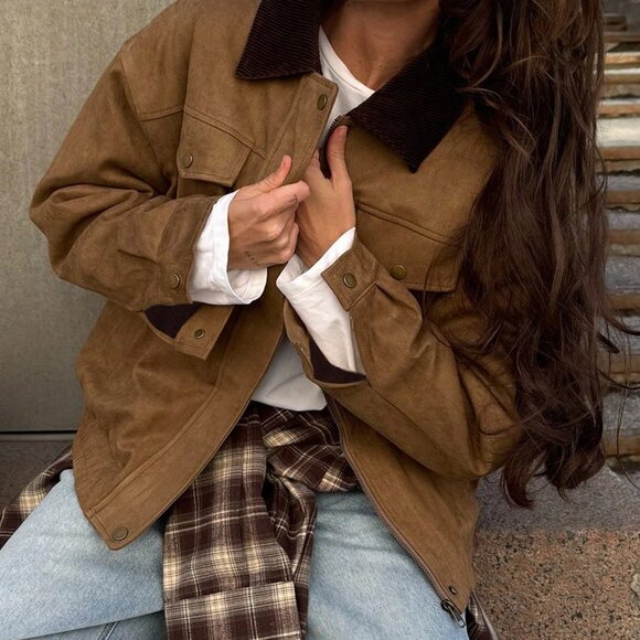 Khaki Casual Women's Loose Pocket Oversized faux Suede Jacket - Picture 5 of 5